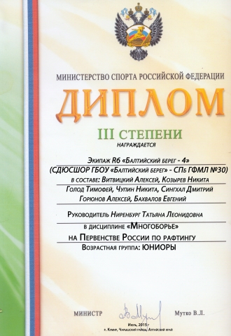 Диплом 3 степени на Первенстве России по рафтингу